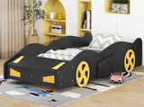 Twin Size Race Car-Shaped Platform Bed with Wheels and Storage, BlackYellow WF305759AAB