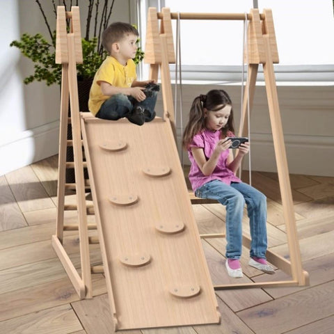 ZUN 4-in-1 Indoor Play Gym - Jungle Gym Playset with Baby Swing, Slide, Ladder, and Climbing Wall 30433659