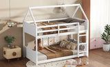 Twin Over Twin House Floor Bed with Headboards, Footboards and Guardrails, Ladder, Rubber Wood W504P227972