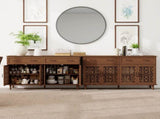 Vintage Sideboard Buffet Cabinet with Hand-Carved Hollow Doors, Distressed Light Wood Finish, 2 W688P359947
