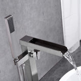 Bathroom Freestanding Waterfall Tub filler Brushed Nickel Floor Mount Faucet with Hand Shower W122453934