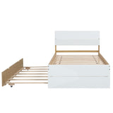 Modern Twin Bed Frame For White High Gloss Headboard and Footboard With Light Oak Trundle W697131327