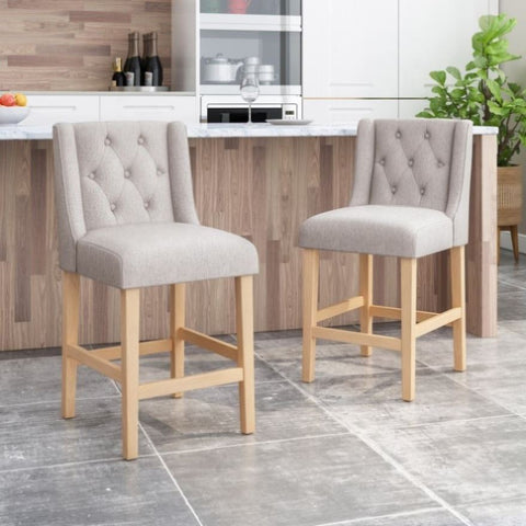 ZUN Vienna Contemporary Fabric Tufted Wingback 27 Inch Counter Stools, Set of 2, Light Gray, Natural 64853.00LGRY