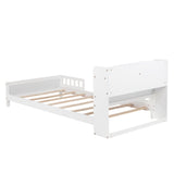 Twin Pine Wood Bed with Bookcase Headboard ,LED Motion Sensor Light, Guardrails,White W504P277596