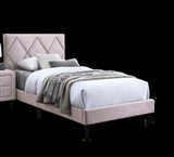 Twin Size Bed w Adjustable Headboard 1pc Bedframe, Light Pink Velvet Upholstered Youth Bedroom B011P190166