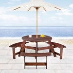 ZUN Outdoor 6 Person Picnic Table, 6 person Round Picnic Table with 3 Built-in Benches, Umbrella Hole, W2275P149763