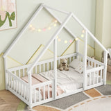 Twin Wood House-Shaped Floor Bed with Fence, Guardrails ,White W504P143290