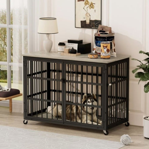 ZUN Furniture style dog crate wrought iron frame door with side openings, Grey, 43.3''W x 29.9''D x W1162119832