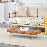 ZUN 43.3 Inch Modern Two-Tier Coffee Table - An Elegant Combination of Clear Glass and Light Wood W2920P226066