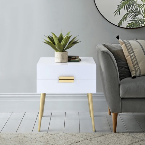 ZUN White and Gold Side Table with 2 Drawer B062P181392