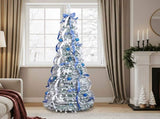 7 FT Snow Flocked Pre-lit Artificial Pop Up Christmas Tree with 200 Warm Lights and Blue & Silver 24654328