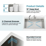 Kitchen Sink, 27x19 Single Bowl, Overmount Handmade Sink in Dark Gray, with US Standard Drain and 09877789