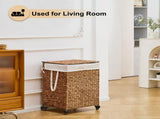 100L 2-Section Laundry with Lid and Wheels, Woven Natural Water Hyacinth Rolling Laundry 22283701