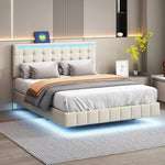 ZUN Queen Size Floating Bed Frame with LED Lights and USB Charging,Modern Upholstered Platform LED Bed WF308894AAA