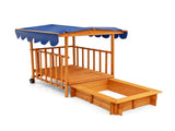 Cedar Wood Kids Sandpit with Playhouse & Canopy, Sandbox with Rear Wheels, NaturalBlue 05048118