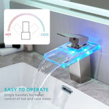 Bathroom Sink Faucet LED Light 3 Colors Changing Waterfall Glass Spout Hot Cold Water Mixer Single W1932P148105