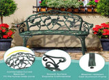 Outdoor Cast Aluminum Patio Bench, Porch Bench Chair with Curved Legs Rose Pattern, Antique Green 56157164