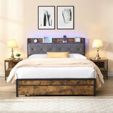 King Bed Frame with Storage, Bed Frame with LED Lights Upholstered Headboard and 2 Drawers, USB & W311P284693