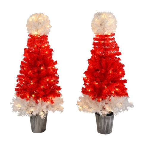 ZUN Lighted Santa Hat Style Tree Set of 2, 4ft Artificial Tree with Warm White Lights, 06216067