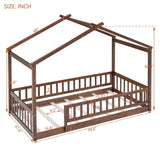 Twin Size Wood Bed House Bed Frame with Fence, for Kids, Teens, Girls, Boys, Walnut WF302176AAL