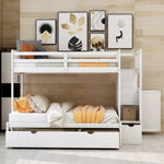 ZUN Twin over Full/Twin Bunk Bed, Convertible Bottom Bed, Storage Shelves and Drawers, White 05530338