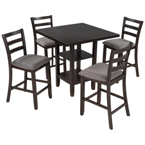 ZUN 5-Piece Wooden Counter Height Dining Set with Padded Chairs and Storage Shelving 32175841