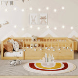 Twin Montessori Floor Bed Frame with High Rails, Wood Kids Floor Beds with Light and Storage Shelf, W2593P333571
