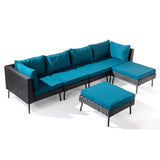 2 pcs armless sofa 2 pcs corner sofa 2 pcs footstool iron legs black rattan peacock green 72293141