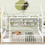 Full Size Metal Bed House Bed Frame with Fence and Shelves, White N737P175361K