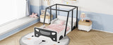 ZUN Twin Size Car-shaped Bed with Roof,Wooden Twin Floor Bed with wheels and door Design,Montessori 07290986