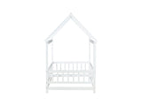 Twin Size House Floor Wooden Bed with Roof Frame,Safety Guardrails,White W504P286403