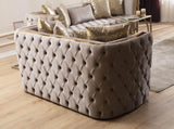 Button Tufted Loveseat with Velvet Fabric and Gold Accent in Taupe B00961116