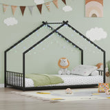 Twin size children's bed frame with LED light strips, roof-shaped iron frame bed, black,78.5" L x 49013984