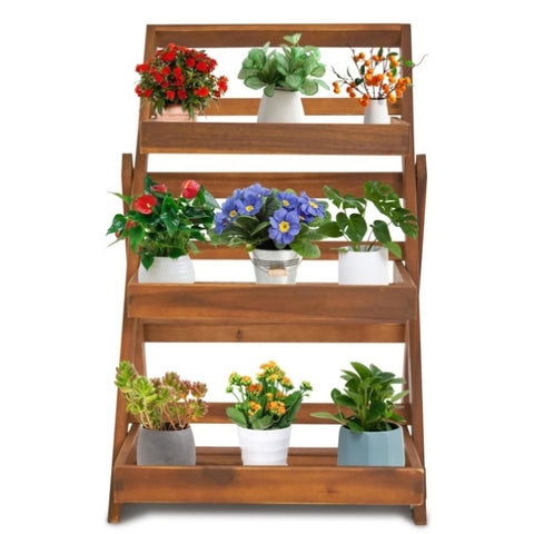 ZUN 3-Tier Acacia Wood Plant Stand, Foldable Compact Indoor/Outdoor Display Rack for Plants and 65336558