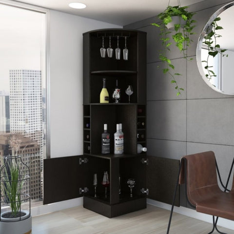 ZUN Syrah Corner Bar Cabinet, Eight Bottle Cubbies, Double Door, Two Open Shelves -Black B070P217879