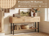 Natural Rattan Console Table with Storage Cabinets & Open Shelf, 40 Inch Entryway Table with Sturdy 39607776