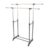 ZUN Dual-bar Vertical & Horizontal Stretching Stand Clothes Rack with Shoe Shelf YJ-04 Black & Silver 95408394