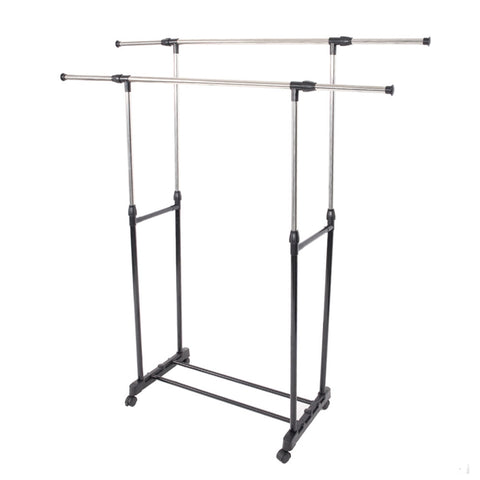 ZUN Dual-bar Vertical & Horizontal Stretching Stand Clothes Rack with Shoe Shelf YJ-04 Black & Silver 95408394