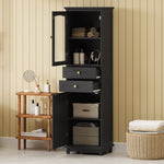 ZUN 63" Tall Bathroom Storage Cabinet with Glass Doors, Free-Standing, Two Drawers, and Adjustable N729P171305B