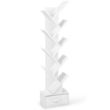 White Tree-Shaped Bookshelf, 10 Open Shelves & Foldable Fabric Drawer, Space-Saving Corner Design 35034916