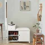 ZUN White Shoe Storage Bench Cabinet with Fireproof PU Cushion, Doubles and Movable Drawer Wood for W76058191