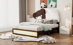 ZUN Full Size Upholstered Platform Bed with Bear Shaped Headboard, LED Light Strips, White + Brown 19640686