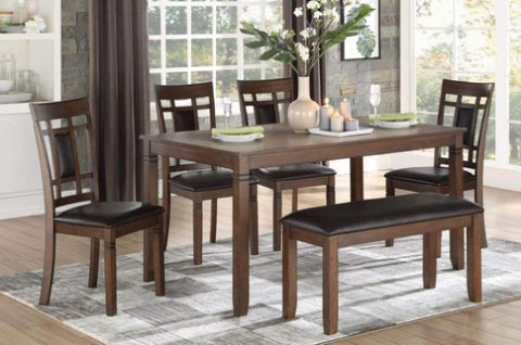 ZUN Classic Cherry Finish 6pc Dinng Set Table Bench 4x Chairs Faux Leather Upholstery Kitchen Dining B011P194596