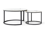 Set 2 Coffee Table Nesting White and gray top Black Frame Circular Round and Marble Pattern Wooden 68840643