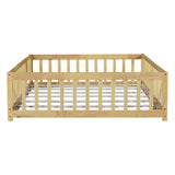 Full Size Floor Bed with Fence and Door,Rubber Wood Floor Bed with Safety Guardrails,Natural W504P296787