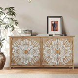 60"Wood Accent Cabinet with 4 Doors, Brown and antique white Modern Pantry Wood Buffet W2295P306897