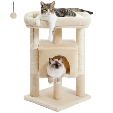 ZUN Modern Small Cat Tree Cat Tower with Sisal Scratching Post, Cozy Condo, Top Perch and Dangling Ball 72733337