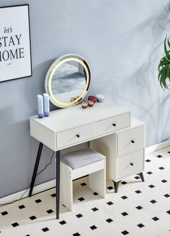 ZUN Fluted Makeup Vanity Desk with Round LED Mirror and Lights, Modern Glass Top Big Vanity Table with 4 00311873