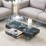 43.3 Inch Modern Two-Tier Coffee Table - Clear Tempered Glass and Black Marble Texture, W1151P232637