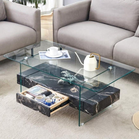 ZUN 43.3 Inch Modern Two-Tier Coffee Table - Clear Tempered Glass and Black Marble Texture, W1151P232637